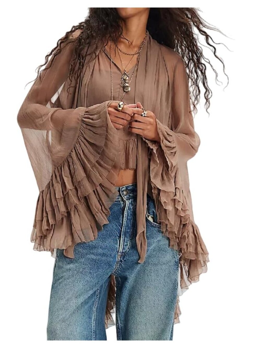 Women's Sheer Ruffle Trim Blouse with Self Tie Neck